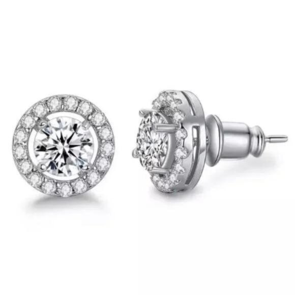 Luxury White Zircon Sterling Silver Stud Earrings, wow Earrings, cute Earrings. - Picture 4 of 5